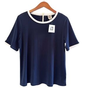 ANNE KLEIN NWT Zip Back Short Sleeve Top Size Large in Color Block Navy